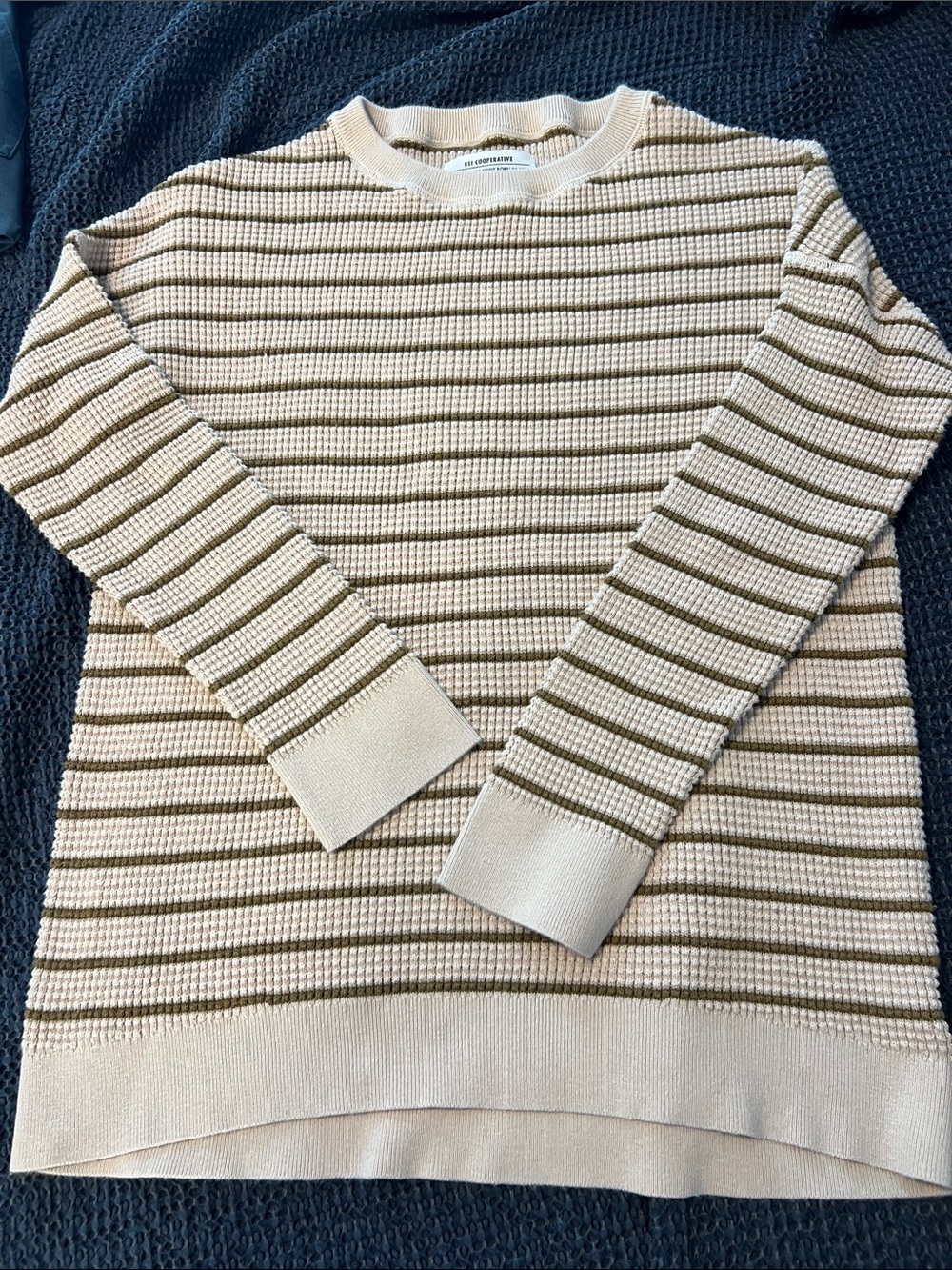 REI Beige and Brown Striped Waffle-Knit Long Sleeve Top